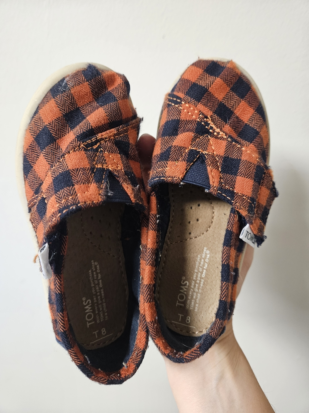 Toms 8 Toddler Blue And Orange Plaid Slip On Shoes